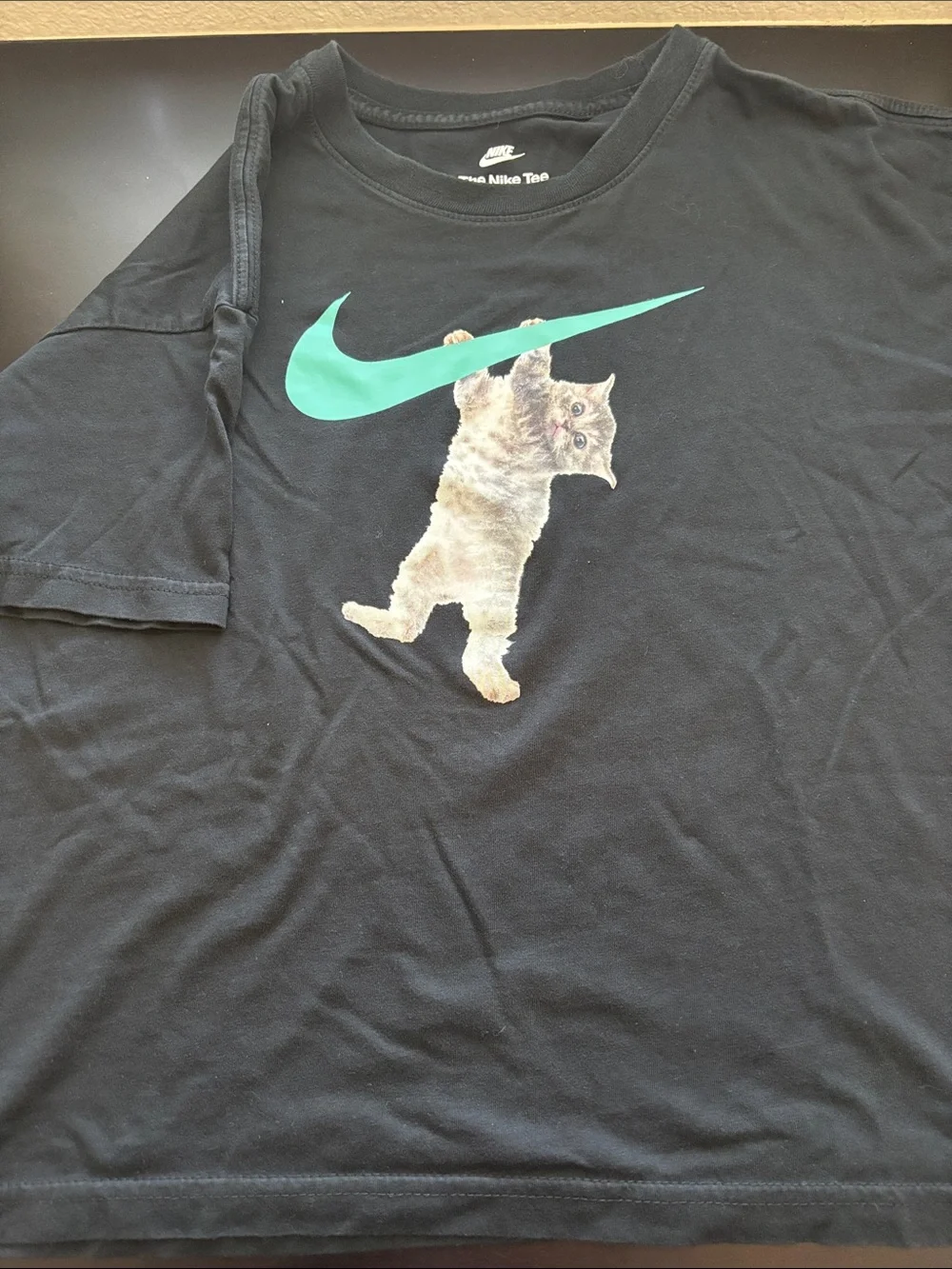Girls Nike Black Tee with Teal Swoosh and Hanging Kitten